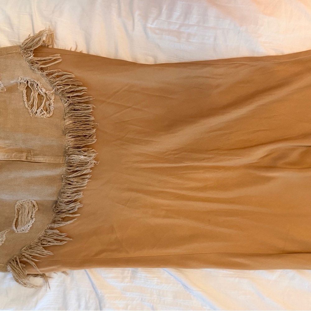 Pilcro Camel Twofer Slip Midi Skirk with Denim Fringed Overlay NWOT - Picture 6 of 6